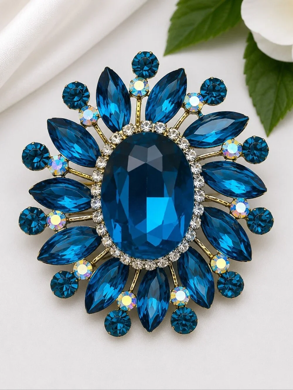 Blue Crystal Statement Brooch Pin | Gold Tone | Rhinestone Floral Burst